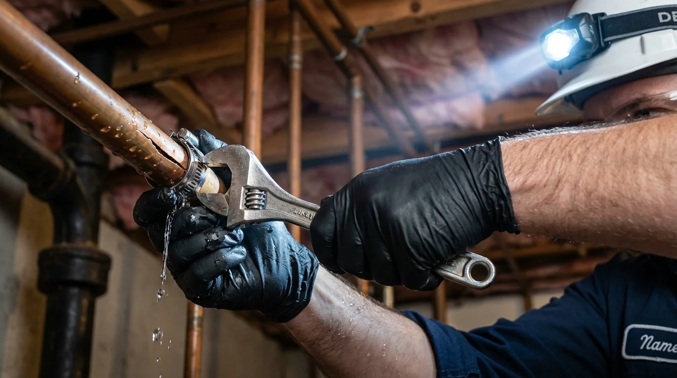 Emergency pipe clamp repair being performed by a Johns Plumbing LLC plumber in Center Point