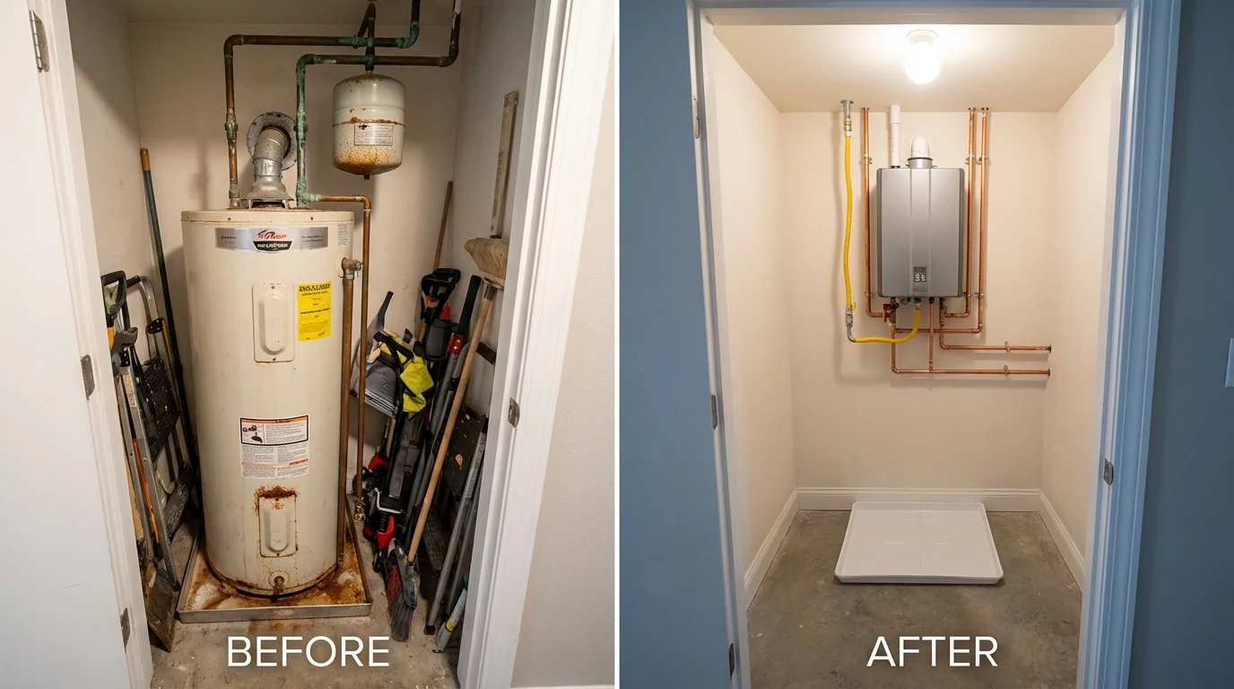 Tank water heater versus wall-mounted tankless unit comparison for Center Point, IA homeowners