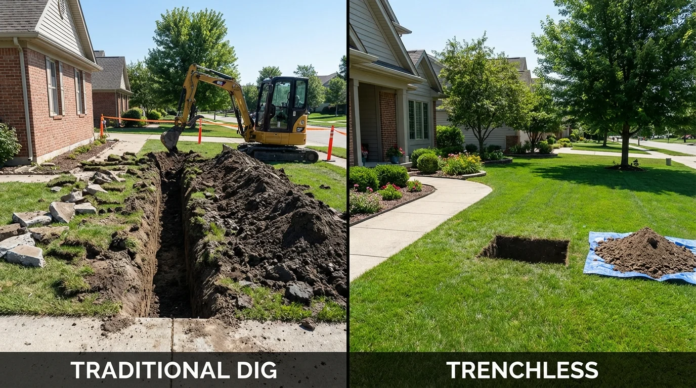 Trenchless sewer repair with minimal yard damage versus traditional excavation in Center Point, IA
