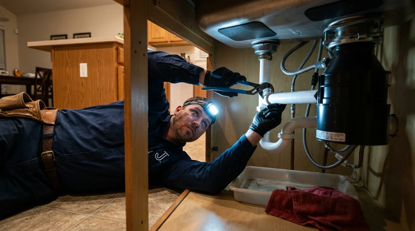 P-trap and supply line connections under a kitchen sink showing a common leak point in Center Point, IA